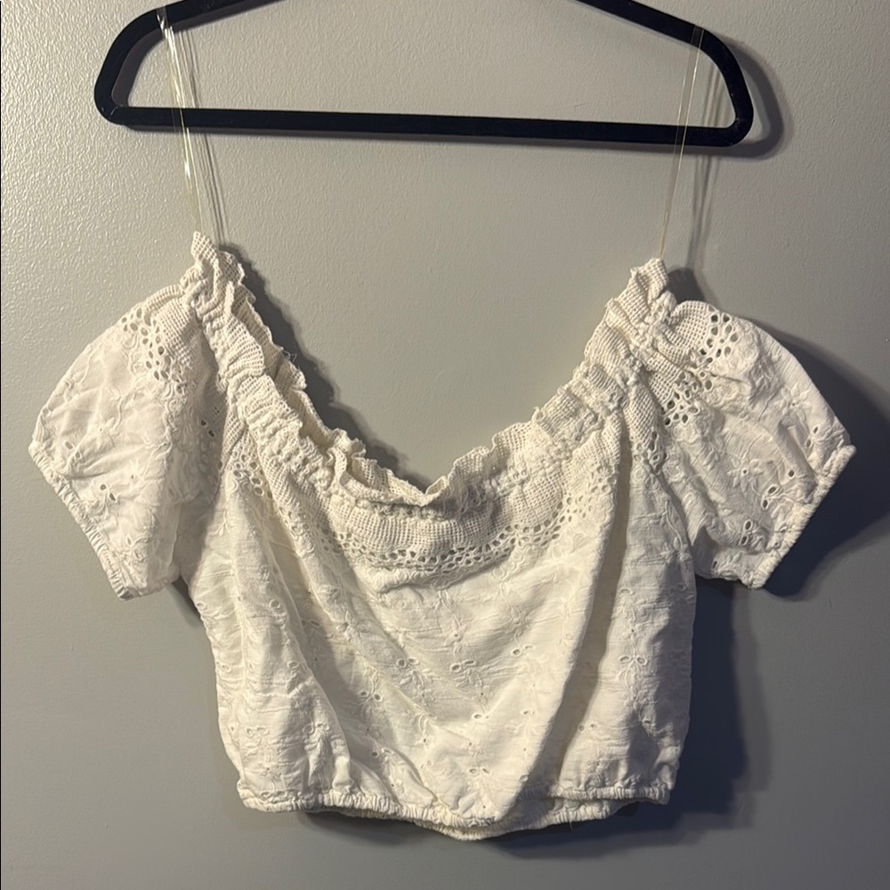 Blue Rain White Puff Sleeve Crop Blouse